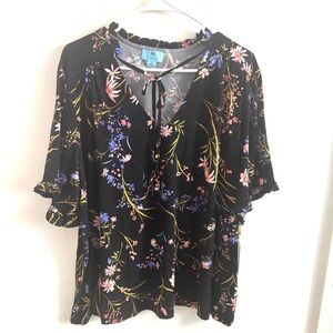 Cece Blouse Floral 3X Black Ruffle Tie Neck Peasant Whimsigoth Career Office